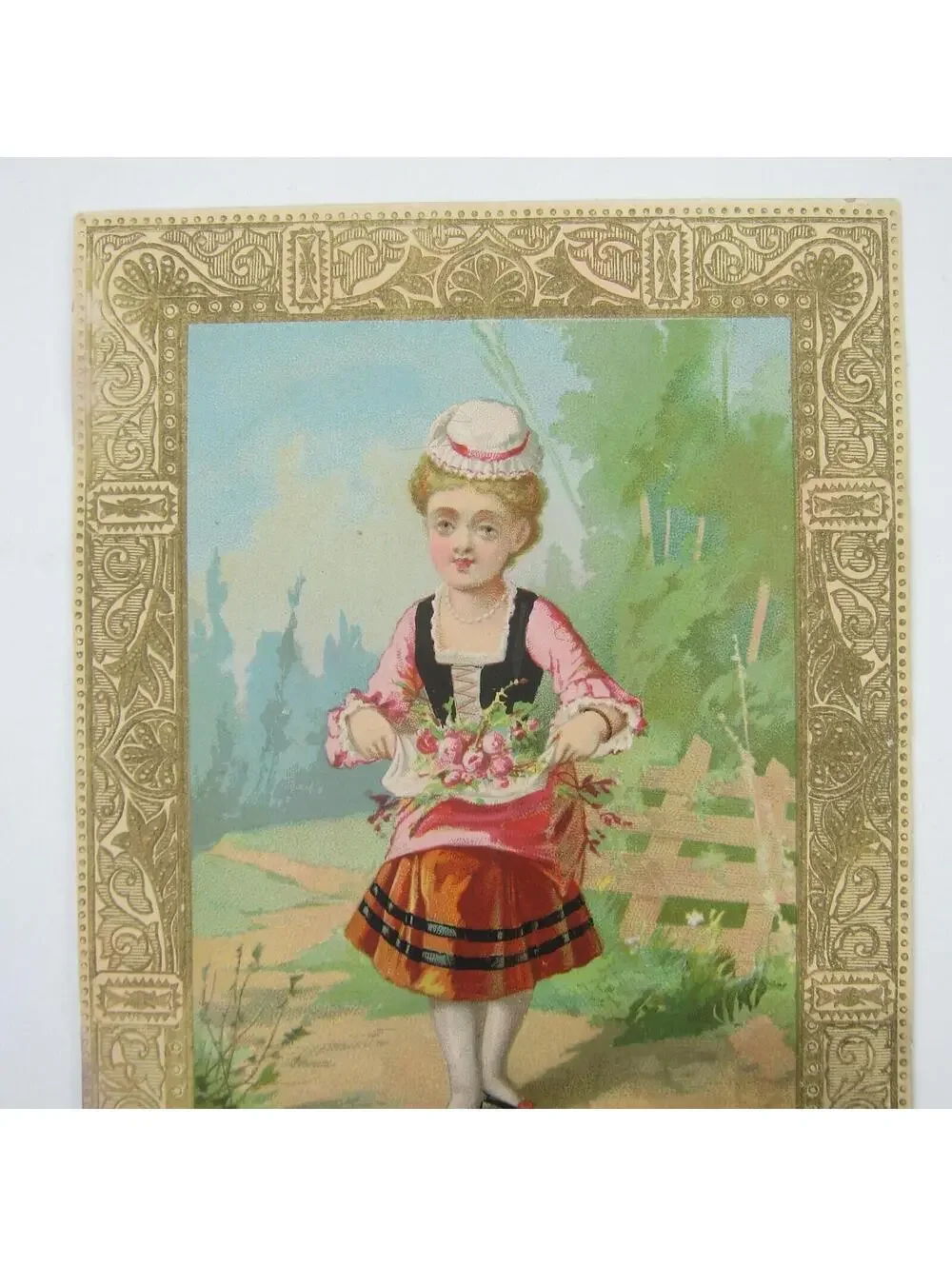 Victorian Christmas Card Girl Holds Pink Flowers Poem Embossed Marcus Ward & Co
